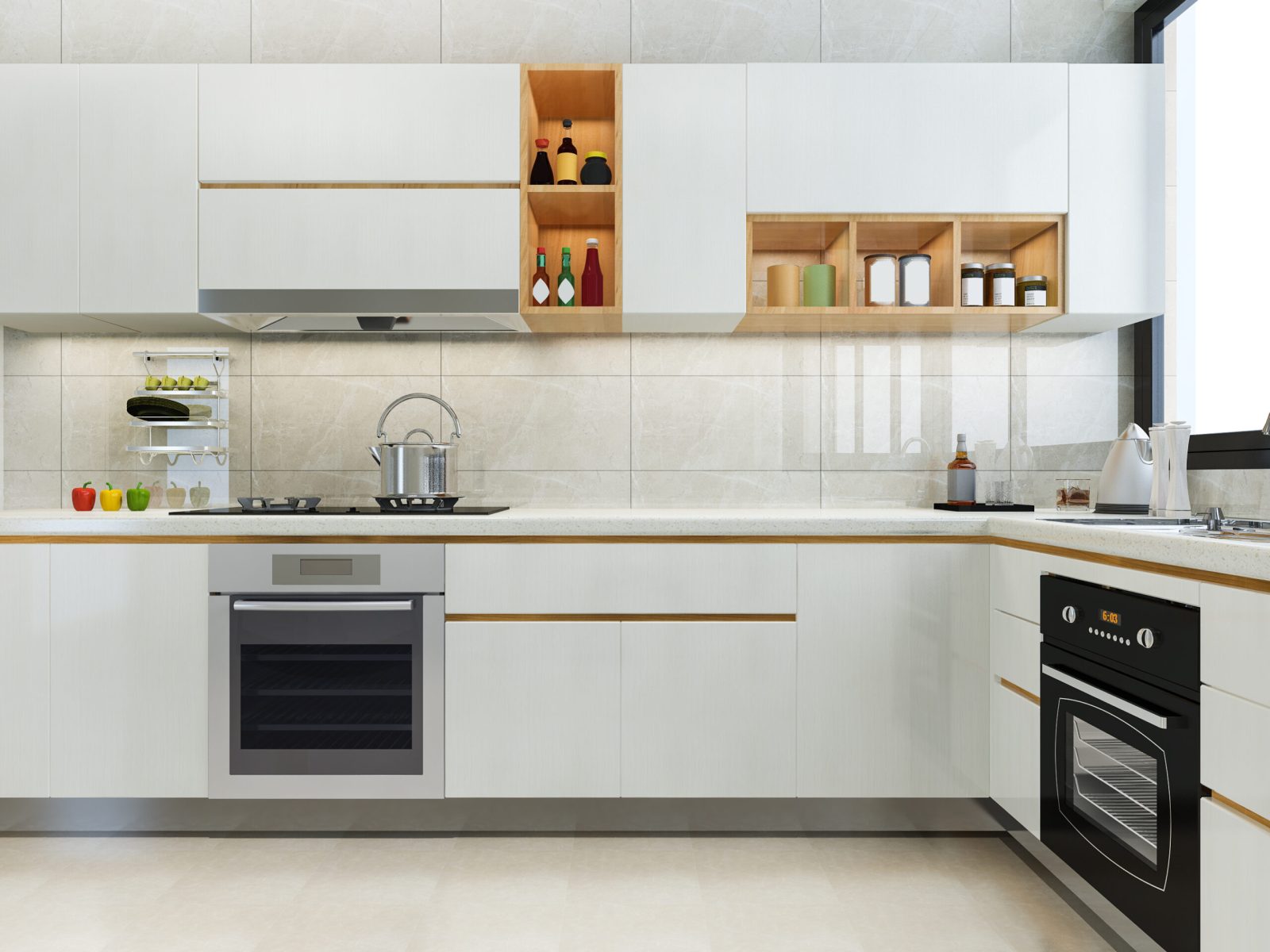 3d rendering modern kitchen counter with white and biege design