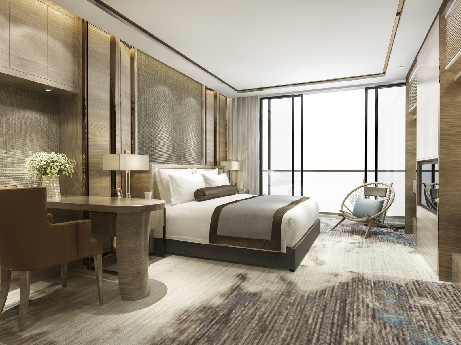 3d rendering luxury classic modern bedroom suite in hotel